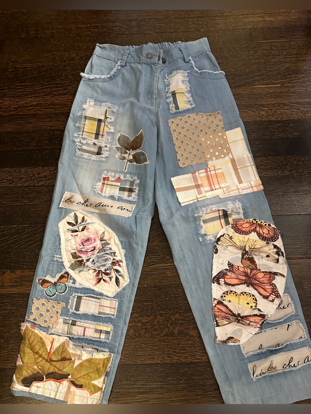 Light Blue Patchwork Straight-Leg Jeans with Floral & Butterfly Appliqués
